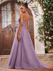Maxi Robe de Bal Appliquée avec Corset en Tulle et Dentelle à Col Licou Glycine