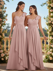 Une Epaule Longue Robe Demoiselle d'honneur Rose Poudré