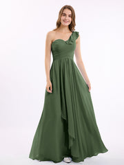 Une Epaule Longue Robe Demoiselle d'honneur Olive Verte Grande Taille