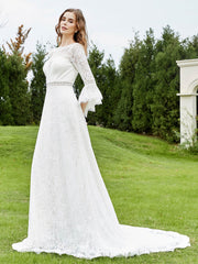 Robe de Mariée Perlée en Dentelle avec Manches 3/4 Ivoire