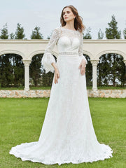 Robe de Mariée Perlée en Dentelle avec Manches 3/4 Ivoire