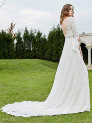 Robe de Mariée Perlée en Dentelle avec Manches 3/4 Ivoire