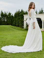 Robe de Mariée Perlée en Dentelle avec Manches 3/4 Ivoire