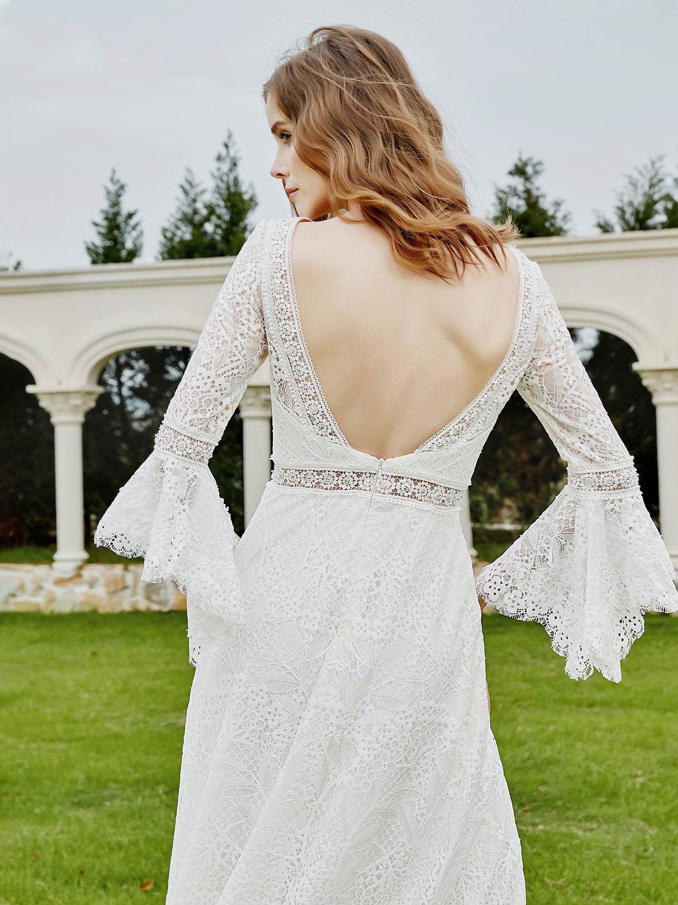 Robe de Mariée Perlée en Dentelle avec Manches 3/4 Champagne