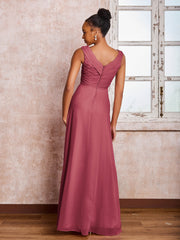 Robe Trapèze Plissée en Mousseline à Col en V Sans Manches Cannelle Rose