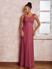 Robe Trapèze Plissée en Mousseline à Col en V Sans Manches Cannelle Rose