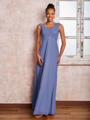 Robe Trapèze Plissée en Mousseline à Col en V Sans Manches Pervenche