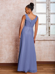 Robe Trapèze Plissée en Mousseline à Col en V Sans Manches Pervenche