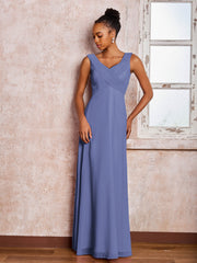 Robe Trapèze Plissée en Mousseline à Col en V Sans Manches Pervenche