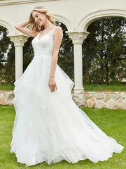 Robe de Mariée Appliquée Sans Manches en Tulle à Col en V Ivoire