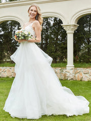 Robe de Mariée Appliquée Sans Manches en Tulle à Col en V Ivoire