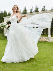 Robe de Mariée Appliquée Sans Manches en Tulle à Col en V Ivoire