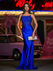 Robe Appliquée en Jersey à Col Carré avec Traîne Balayage Bleu Royale