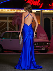 Robe Appliquée en Jersey à Col Carré avec Traîne Balayage Bleu Royale Grande Taille