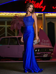 Robe Appliquée en Jersey à Col Carré avec Traîne Balayage Bleu Royale