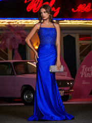 Robe Appliquée en Jersey à Col Carré avec Traîne Balayage Bleu Royale