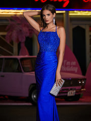 Robe Appliquée en Jersey à Col Carré avec Traîne Balayage Bleu Royale Grande Taille