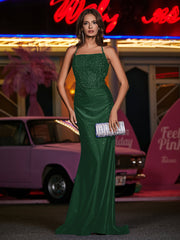Robe Appliquée en Jersey à Col Carré avec Traîne Balayage Vert Foncé