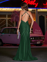 Robe Appliquée en Jersey à Col Carré avec Traîne Balayage Vert Foncé