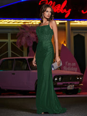 Robe Appliquée en Jersey à Col Carré avec Traîne Balayage Vert Foncé
