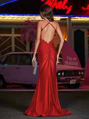 Robe Appliquée en Jersey à Col Carré avec Traîne Balayage Rouge Grande Taille