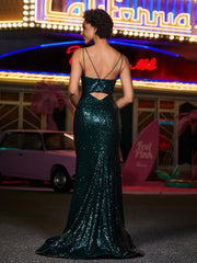 Robes de Soirée Fourreau en Paillettes à Bretelles Spaghetti Vert Foncé