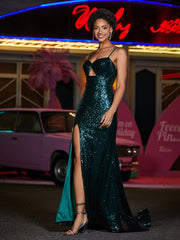 Robes de Soirée Fourreau en Paillettes à Bretelles Spaghetti Vert Foncé