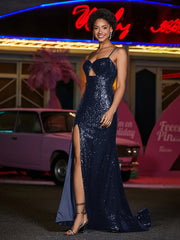 Robes de Soirée Fourreau en Paillettes à Bretelles Spaghetti Bleu Marine Grande Taille