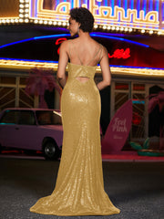 Robes de Soirée Fourreau en Paillettes à Bretelles Spaghetti Or