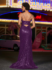Robes de Soirée Fourreau en Paillettes à Bretelles Spaghetti Raisin Grande Taille