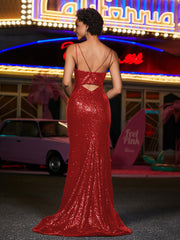 Robes de Soirée Fourreau en Paillettes à Bretelles Spaghetti Rouge