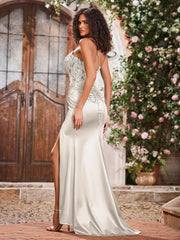 Robe en Satin Extensible à Bretelles Spaghetti et Lacet avec Fente Ivoire