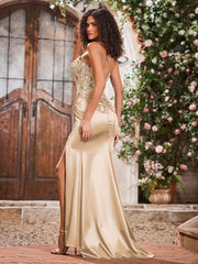 Robe en Satin Extensible à Bretelles Spaghetti et Lacet avec Fente Pêche