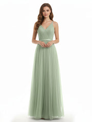 Col En V Tulle Robes Longues Avec Satin Ceinture Sauge Poudrée