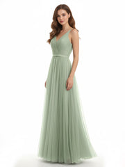 Col En V Tulle Robes Longues Avec Satin Ceinture Sauge Poudrée