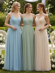 Col En V Tulle Robes Longues Avec Satin Ceinture Sauge Poudrée