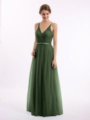 Col En V Tulle Robes Longues Avec Satin Ceinture Olive Verte Grande Taille