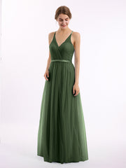 Col En V Tulle Robes Longues Avec Satin Ceinture Olive Verte