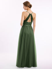 Col En V Tulle Robes Longues Avec Satin Ceinture Olive Verte Grande Taille