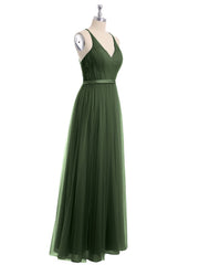 Col En V Tulle Robes Longues Avec Satin Ceinture Olive Verte Grande Taille