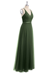 Col En V Tulle Robes Longues Avec Satin Ceinture Olive Verte