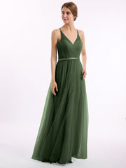 Col En V Tulle Robes Longues Avec Satin Ceinture Olive Verte