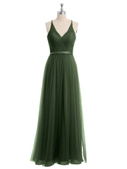 Col En V Tulle Robes Longues Avec Satin Ceinture Olive Verte