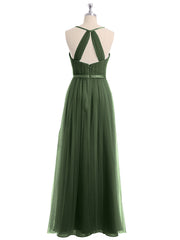 Col En V Tulle Robes Longues Avec Satin Ceinture Olive Verte Grande Taille