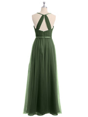 Col En V Tulle Robes Longues Avec Satin Ceinture Olive Verte