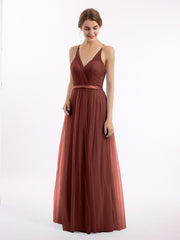 Col En V Tulle Robes Longues Avec Satin Ceinture terracotta