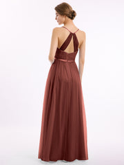 Col En V Tulle Robes Longues Avec Satin Ceinture terracotta Grande Taille