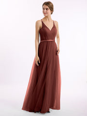 Col En V Tulle Robes Longues Avec Satin Ceinture terracotta