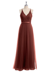 Col En V Tulle Robes Longues Avec Satin Ceinture terracotta