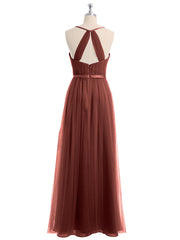 Col En V Tulle Robes Longues Avec Satin Ceinture terracotta